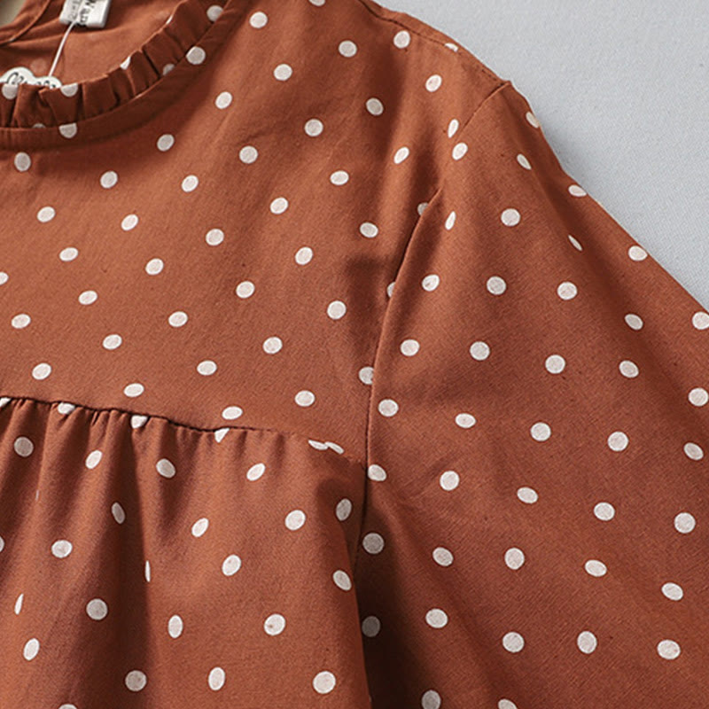 Buddha Stones Spring Dot Pattern Ruffle Crew Neck Long Sleeve Cotton Linen Midi Dress With Pockets