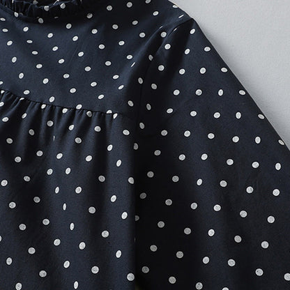 Buddha Stones Spring Dot Pattern Ruffle Crew Neck Long Sleeve Cotton Linen Midi Dress With Pockets