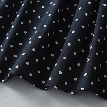 Buddha Stones Spring Dot Pattern Ruffle Crew Neck Long Sleeve Cotton Linen Midi Dress With Pockets