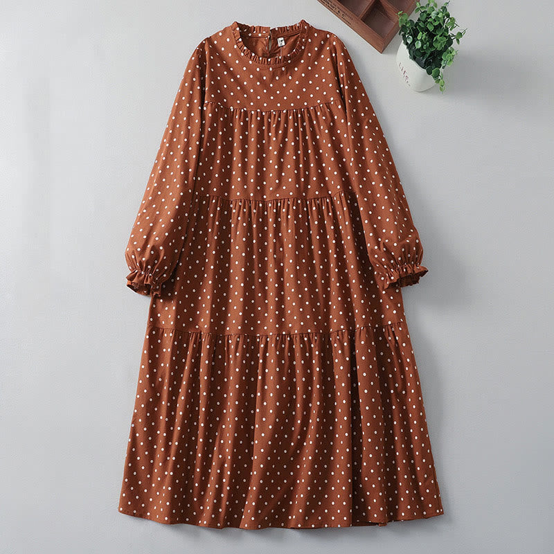 Buddha Stones Spring Dot Pattern Ruffle Crew Neck Long Sleeve Cotton Linen Midi Dress With Pockets