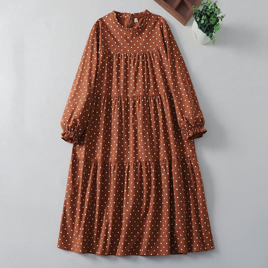 Buddha Stones Spring Dot Pattern Ruffle Crew Neck Long Sleeve Cotton Linen Midi Dress With Pockets