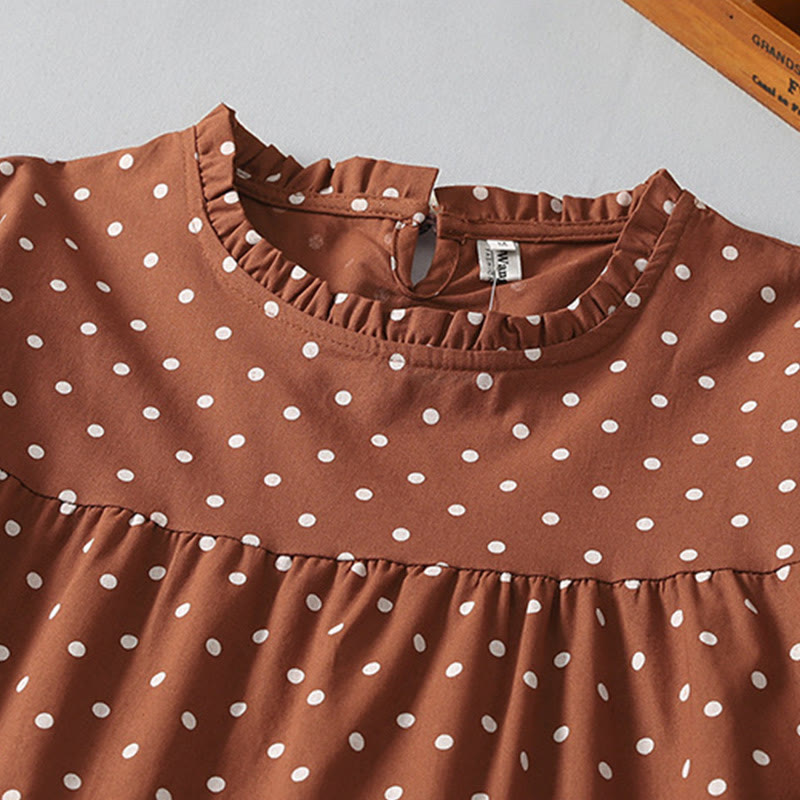 Buddha Stones Spring Dot Pattern Ruffle Crew Neck Long Sleeve Cotton Linen Midi Dress With Pockets