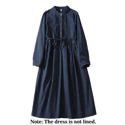 Buddha Stones Printing Floral Accordion Pleats Cotton Linen Long Sleeve Midi Dress With Pockets