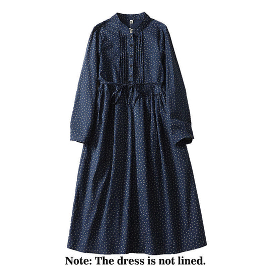 Buddha Stones Printing Floral Accordion Pleats Cotton Linen Long Sleeve Midi Dress With Pockets