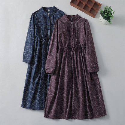 Buddha Stones Printing Floral Accordion Pleats Cotton Linen Long Sleeve Midi Dress With Pockets
