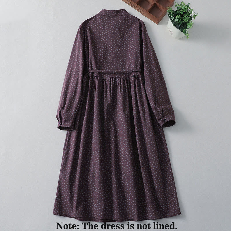 Buddha Stones Printing Floral Accordion Pleats Cotton Linen Long Sleeve Midi Dress With Pockets