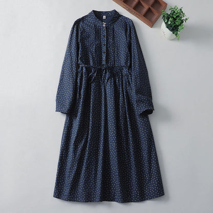 Buddha Stones Printing Floral Accordion Pleats Cotton Linen Long Sleeve Midi Dress With Pockets