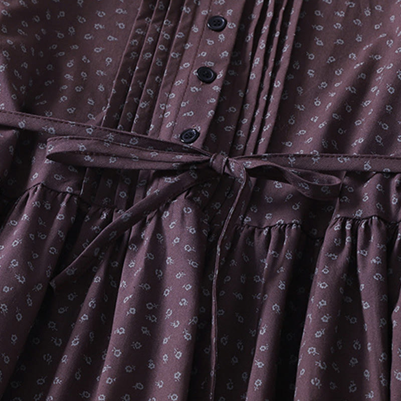 Buddha Stones Printing Floral Accordion Pleats Cotton Linen Long Sleeve Midi Dress With Pockets