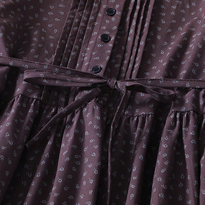 Buddha Stones Printing Floral Accordion Pleats Cotton Linen Long Sleeve Midi Dress With Pockets