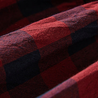 Buddha Stones Contrast Color Plaid Buttons Design Cotton Linen Long Sleeve Midi Dress With Pockets
