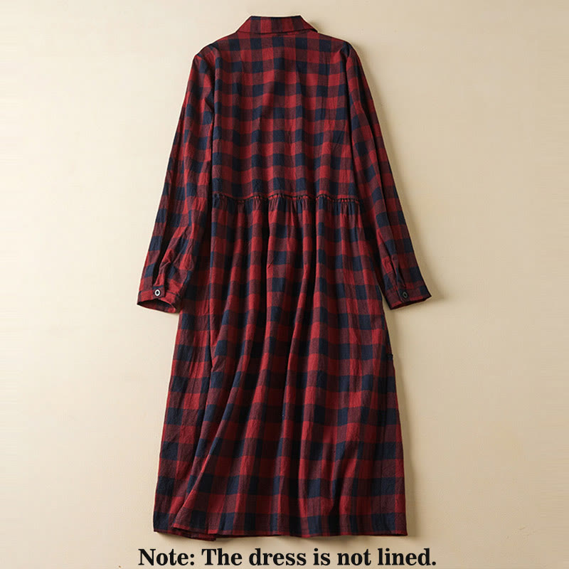 Buddha Stones Contrast Color Plaid Buttons Design Cotton Linen Long Sleeve Midi Dress With Pockets
