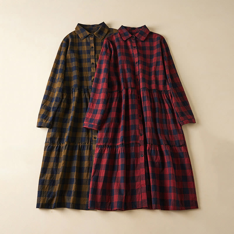 Buddha Stones Contrast Color Plaid Buttons Design Cotton Linen Long Sleeve Midi Dress With Pockets