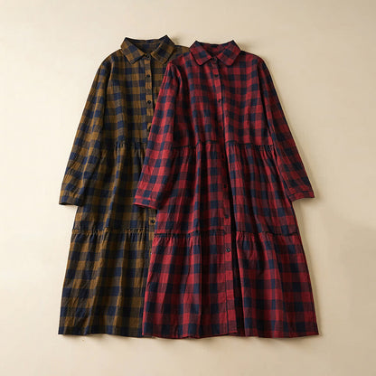 Buddha Stones Contrast Color Plaid Buttons Design Cotton Linen Long Sleeve Midi Dress With Pockets