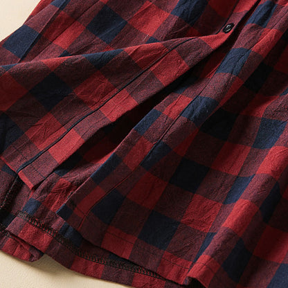 Buddha Stones Contrast Color Plaid Buttons Design Cotton Linen Long Sleeve Midi Dress With Pockets