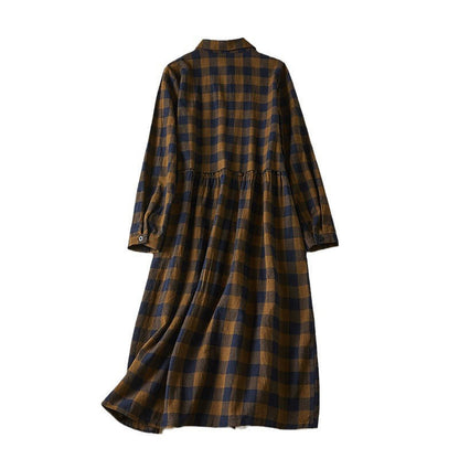 Buddha Stones Contrast Color Plaid Buttons Design Cotton Linen Long Sleeve Midi Dress With Pockets