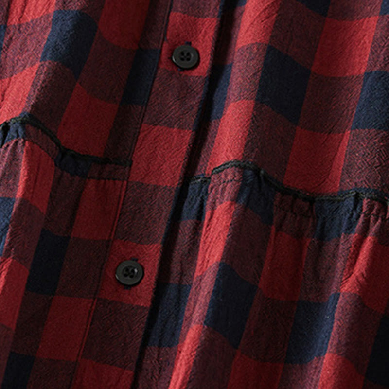 Buddha Stones Contrast Color Plaid Buttons Design Cotton Linen Long Sleeve Midi Dress With Pockets