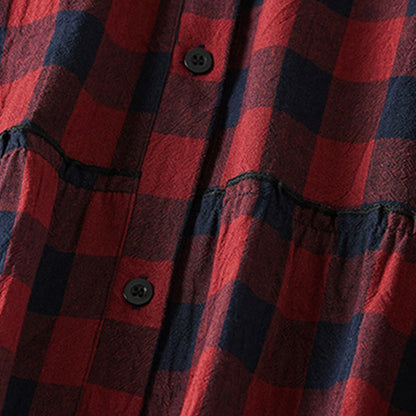 Buddha Stones Contrast Color Plaid Buttons Design Cotton Linen Long Sleeve Midi Dress With Pockets