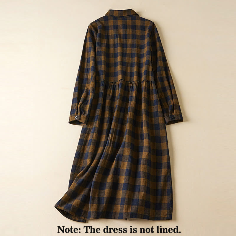 Buddha Stones Contrast Color Plaid Buttons Design Cotton Linen Long Sleeve Midi Dress With Pockets