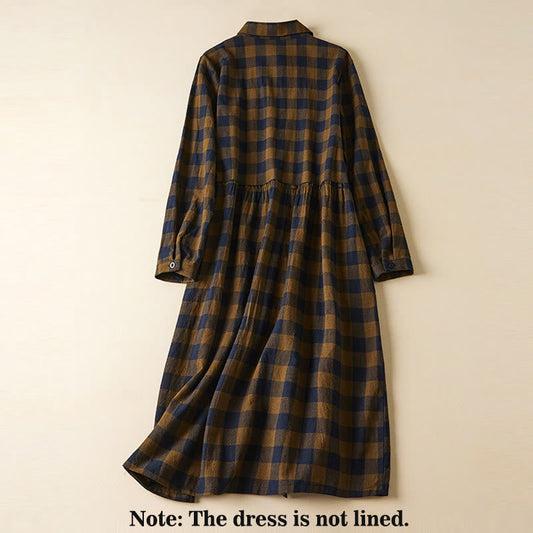 Buddha Stones Contrast Color Plaid Buttons Design Cotton Linen Long Sleeve Midi Dress With Pockets