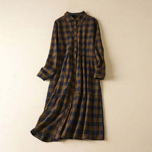 Buddha Stones Contrast Color Plaid Buttons Design Cotton Linen Long Sleeve Midi Dress With Pockets
