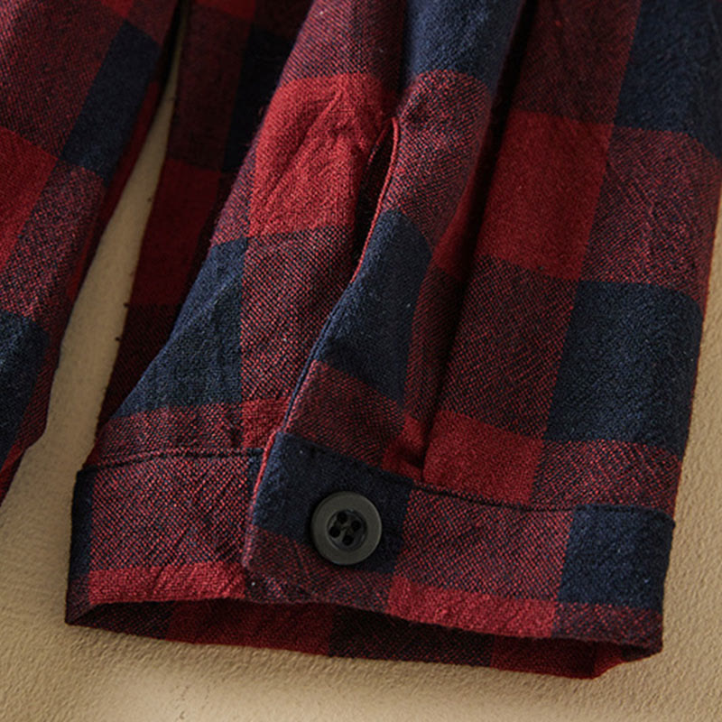 Buddha Stones Contrast Color Plaid Buttons Design Cotton Linen Long Sleeve Midi Dress With Pockets