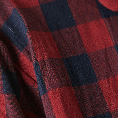 Buddha Stones Contrast Color Plaid Buttons Design Cotton Linen Long Sleeve Midi Dress With Pockets