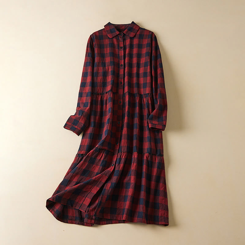Buddha Stones Contrast Color Plaid Buttons Design Cotton Linen Long Sleeve Midi Dress With Pockets
