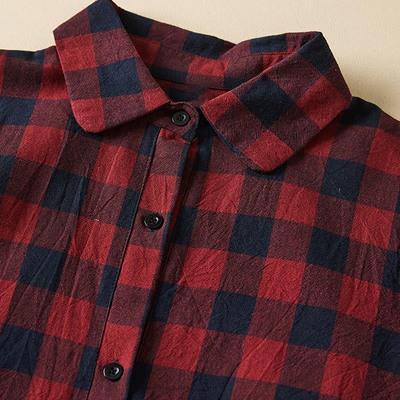 Buddha Stones Contrast Color Plaid Buttons Design Cotton Linen Long Sleeve Midi Dress With Pockets