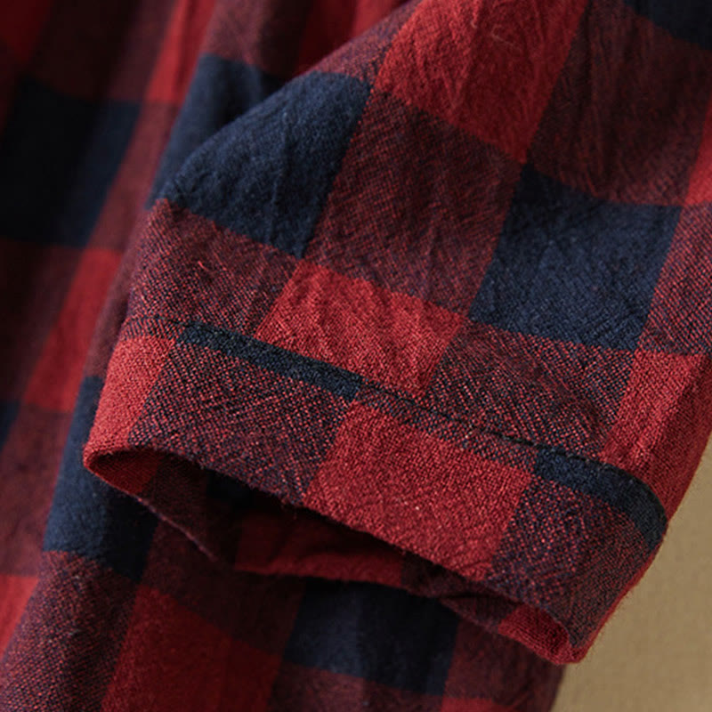 Buddha Stones Contrast Color Plaid Buttons Design Cotton Linen Long Sleeve Midi Dress With Pockets