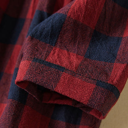 Buddha Stones Contrast Color Plaid Buttons Design Cotton Linen Long Sleeve Midi Dress With Pockets