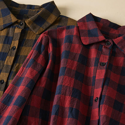 Buddha Stones Contrast Color Plaid Buttons Design Cotton Linen Long Sleeve Midi Dress With Pockets