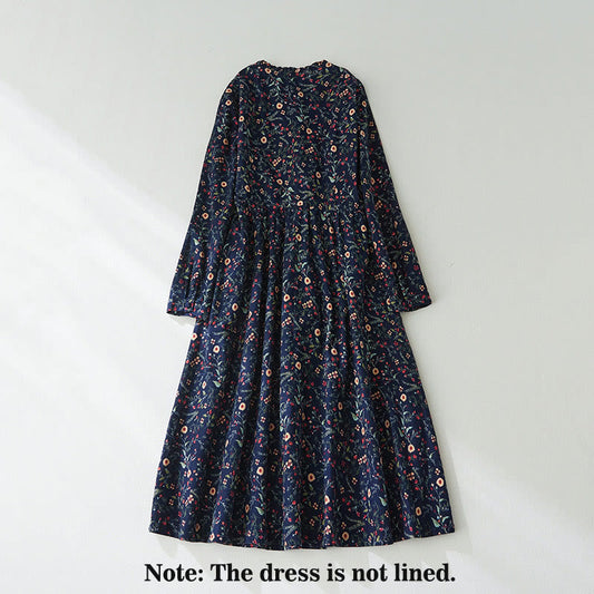 Buddha Stones Ethnic Printing Floral Lace-Up Design Long Sleeve Cotton Linen Midi Dress