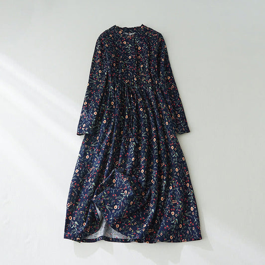 Buddha Stones Ethnic Printing Floral Lace-Up Design Long Sleeve Cotton Linen Midi Dress