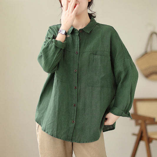 Buddha Stones Casual Plain Women's Cotton Linen Long Sleeve Shirt