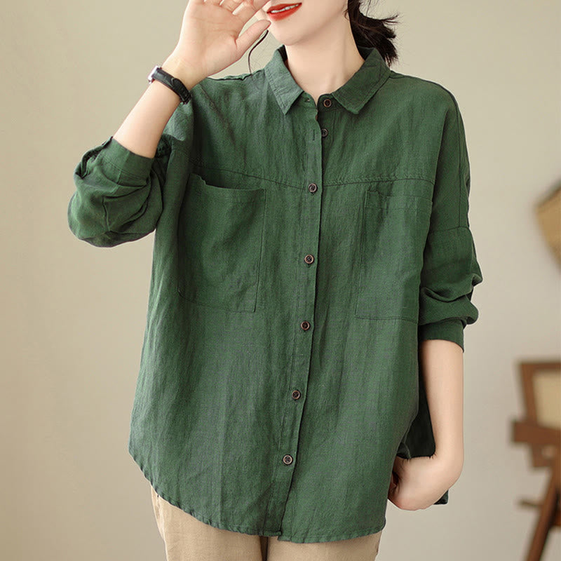 Buddha Stones Casual Plain Women's Cotton Linen Long Sleeve Shirt