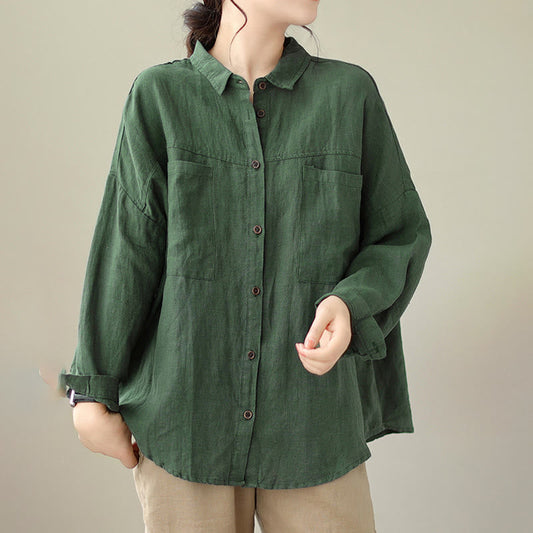 Buddha Stones Casual Plain Women's Cotton Linen Long Sleeve Shirt