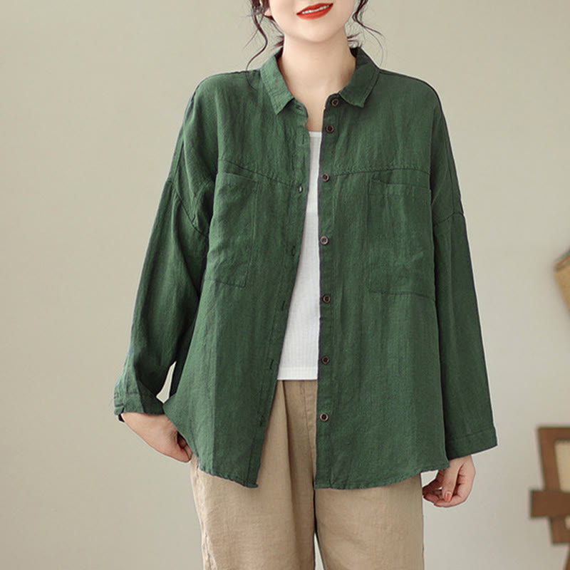 Buddha Stones Casual Plain Women's Cotton Linen Long Sleeve Shirt