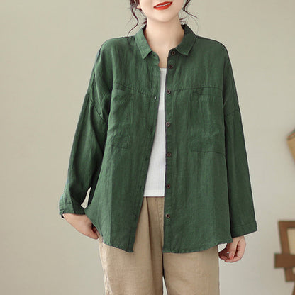 Buddha Stones Casual Plain Women's Cotton Linen Long Sleeve Shirt