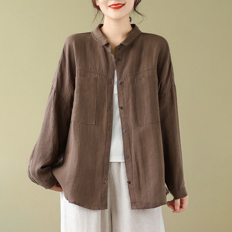 Buddha Stones Casual Plain Women's Cotton Linen Long Sleeve Shirt