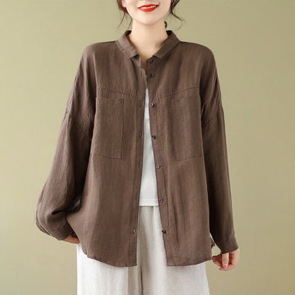 Buddha Stones Casual Plain Women's Cotton Linen Long Sleeve Shirt