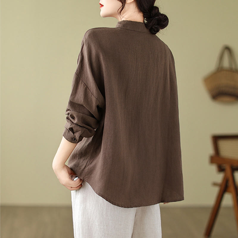 Buddha Stones Casual Plain Women's Cotton Linen Long Sleeve Shirt