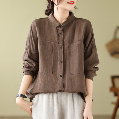 Buddha Stones Casual Plain Women's Cotton Linen Long Sleeve Shirt