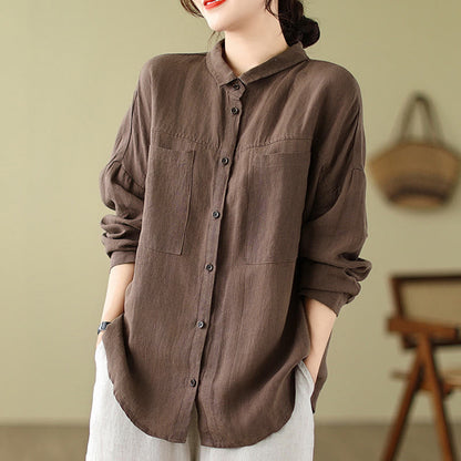 Buddha Stones Casual Plain Women's Cotton Linen Long Sleeve Shirt