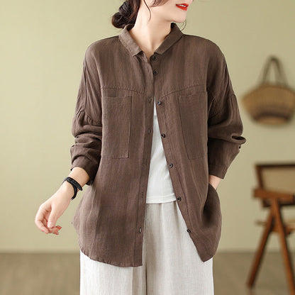 Buddha Stones Casual Plain Women's Cotton Linen Long Sleeve Shirt
