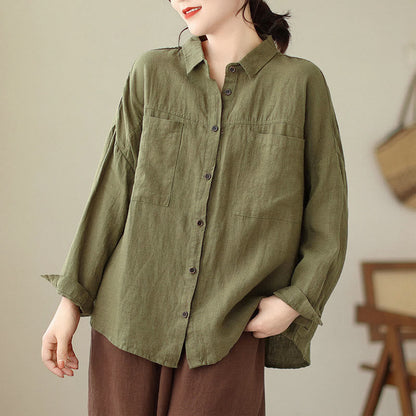 Buddha Stones Casual Plain Women's Cotton Linen Long Sleeve Shirt