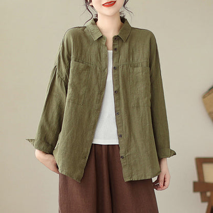 Buddha Stones Casual Plain Women's Cotton Linen Long Sleeve Shirt