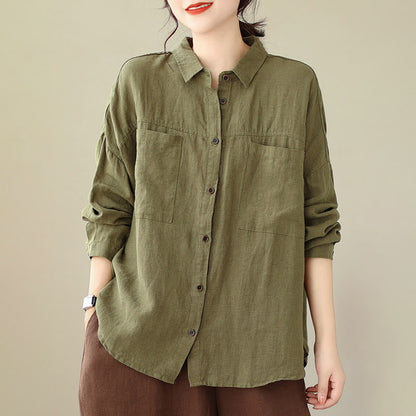 Buddha Stones Casual Plain Women's Cotton Linen Long Sleeve Shirt