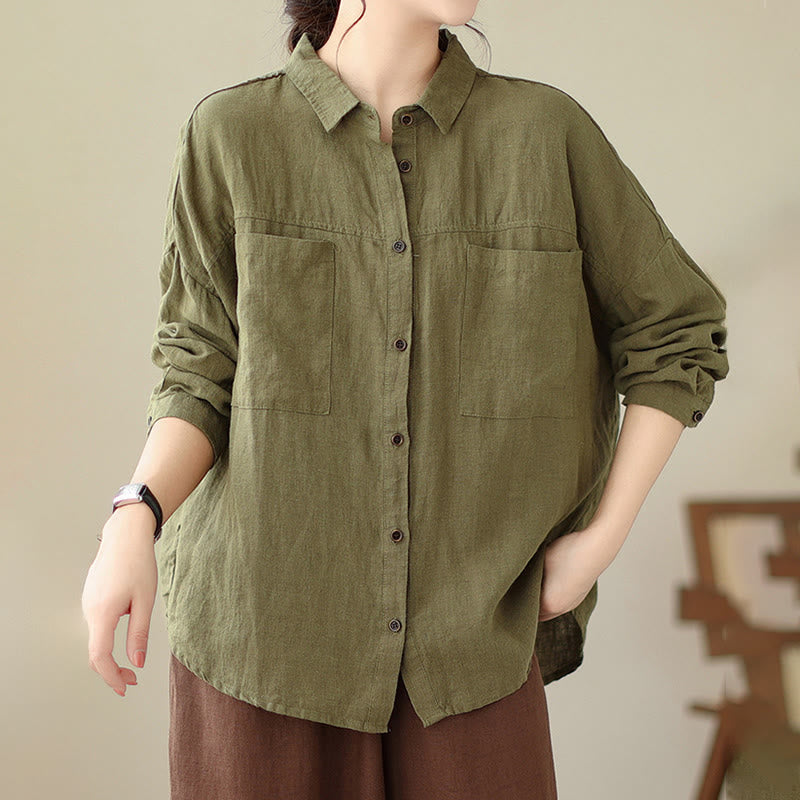 Buddha Stones Casual Plain Women's Cotton Linen Long Sleeve Shirt