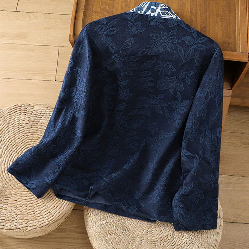 Buddha Stones Casual Jacquard Frog-Button Women's Cotton Linen Long Sleeve Shirt