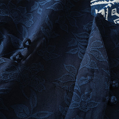 Buddha Stones Casual Jacquard Frog-Button Women's Cotton Linen Long Sleeve Shirt